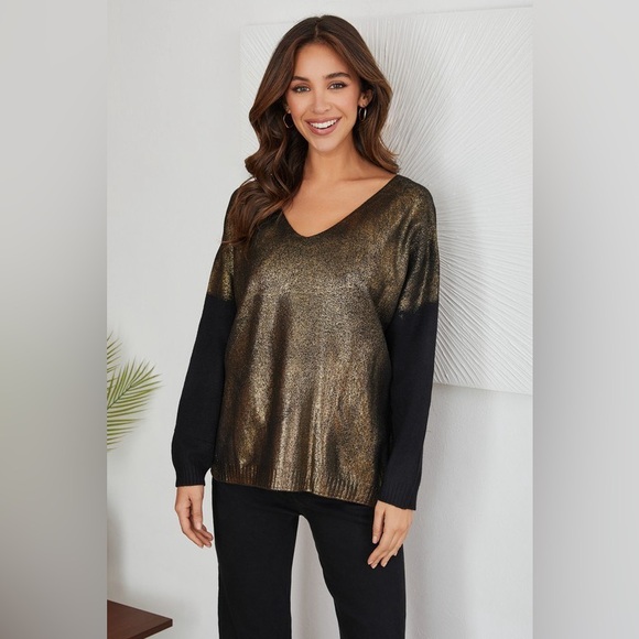 venti6 Tops - (MK053-BLK) GOLDSPRAY LONG SLEEVE LIGHTWEIGHT V-NECK SWEATER
